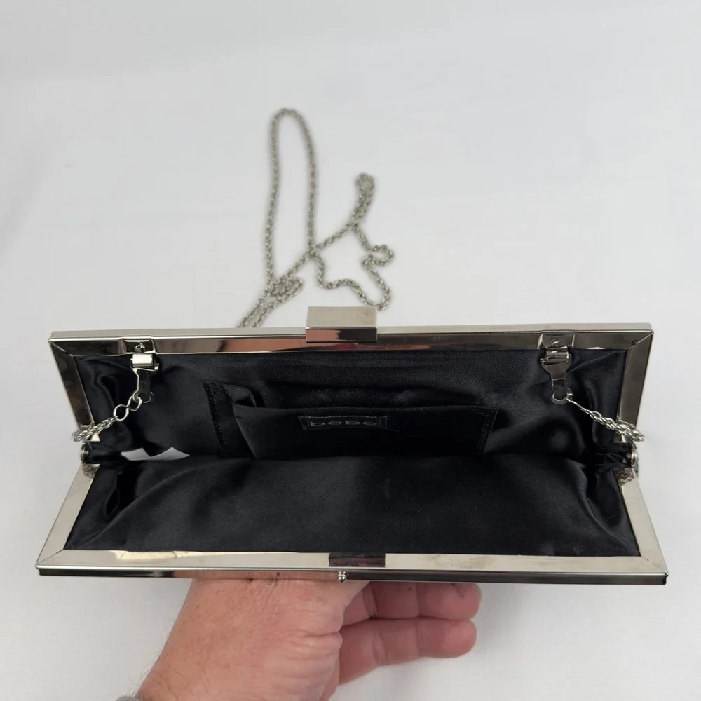 Black Metal Mesh Evening Clutch Silver Chain bebe